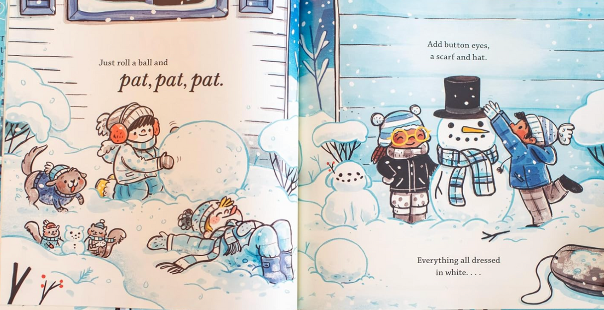 It's Winter! children's book illustration of kids building snowmen and playing in snow.