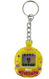 Yellow keychain interactive toy with pixel pet on screen, buttons below, called World's Smallest Giga Pet.