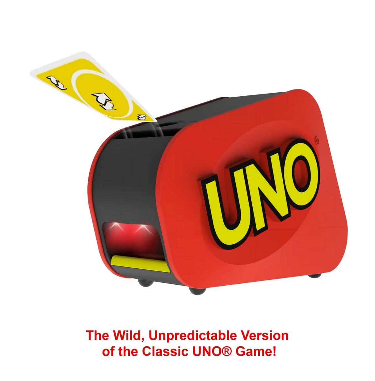Red and black UNO Attack card launcher shooting a card in the air for the classic UNO Attack game.