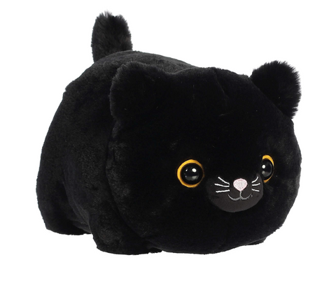 Spudster Black Cat Bella plush toy with soft black fur and bright yellow eyes, perfect for snuggles and play.