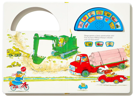 Richard Scarry's Cars & Trucks Soundbook open to colorful construction and vehicle illustrations with sound buttons.