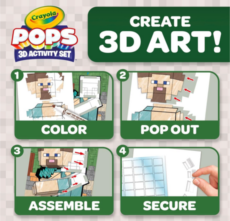 Crayola Pops | Minecraft 3D Activity Set showing coloring, popping out, assembling, and securing Minecraft character pieces.