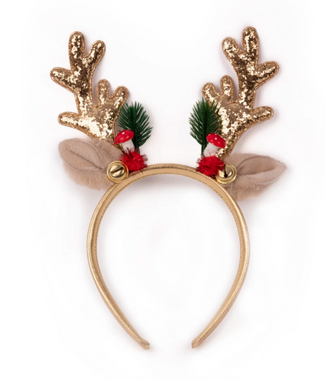 Holiday Rudolph Headband with gold sequin antlers, charming bells, mushrooms, and evergreen accents for festive cheer