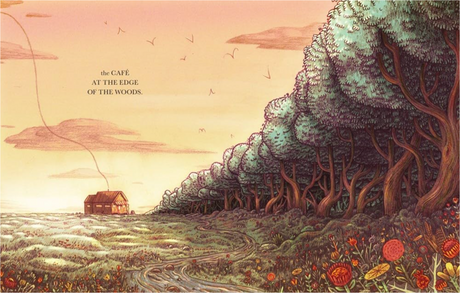 Illustration of a small cabin near a dense forest at sunset from The Cafe at the Edge of the Woods.