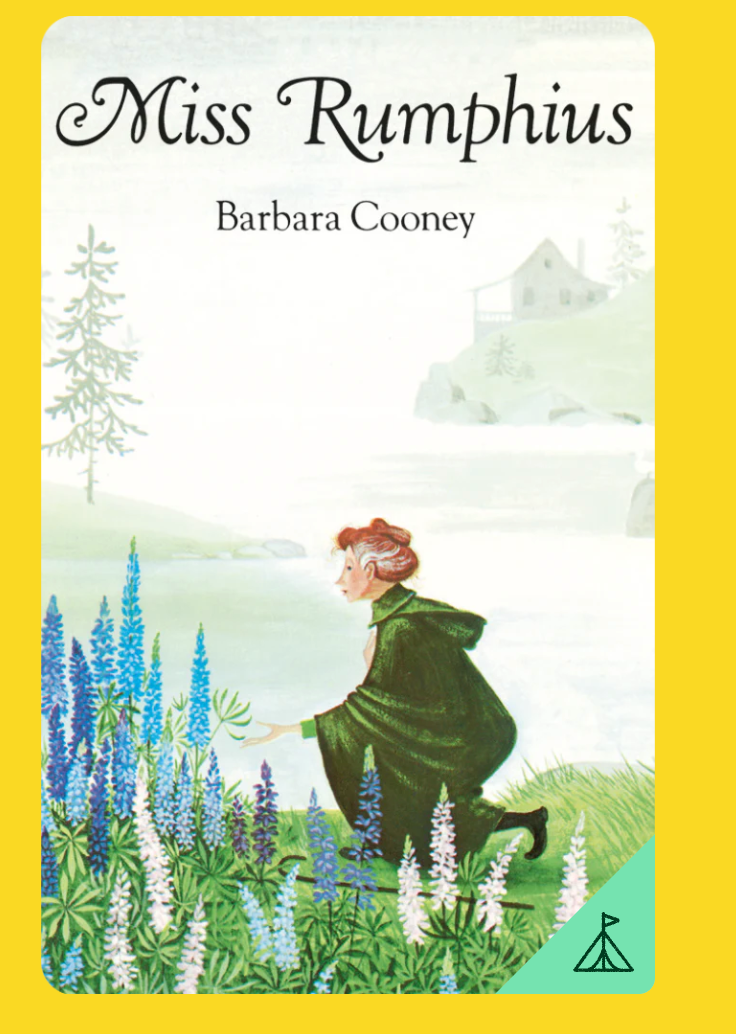 Yoto | Miss Rumphius book cover with woman planting lupines near water and distant house in soft illustration style.