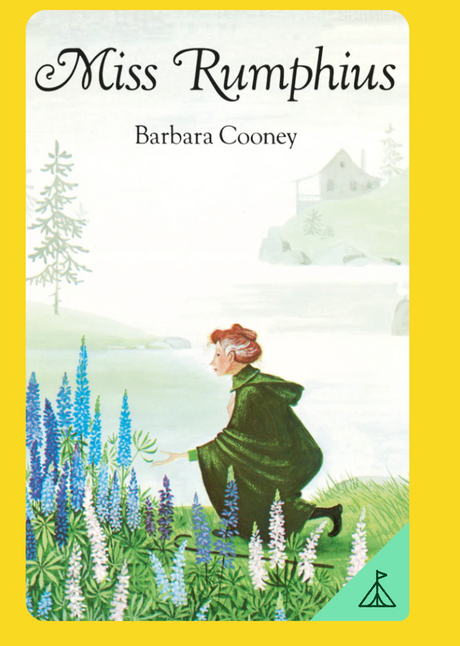 Yoto | Miss Rumphius book cover with woman planting lupines near water and distant house in soft illustration style.