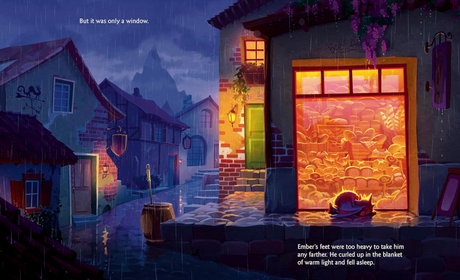 The Bakery Dragon shows Ember the little dragon asleep by a warm bakery window glowing with golden light.