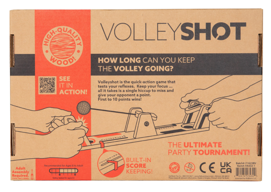 VolleyShot game box showing wooden paddles and ball for a reflex and hand-eye coordination challenge.