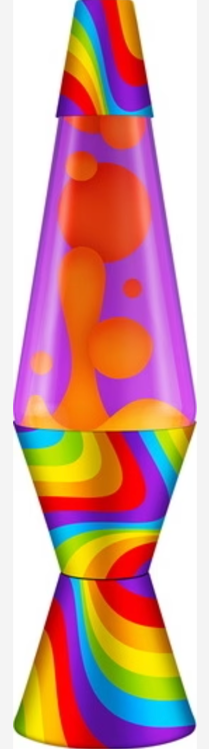 Lava Lamp | Flowing Color Bands with vibrant orange wax and rainbow swirl base and cap, retro style light decor.