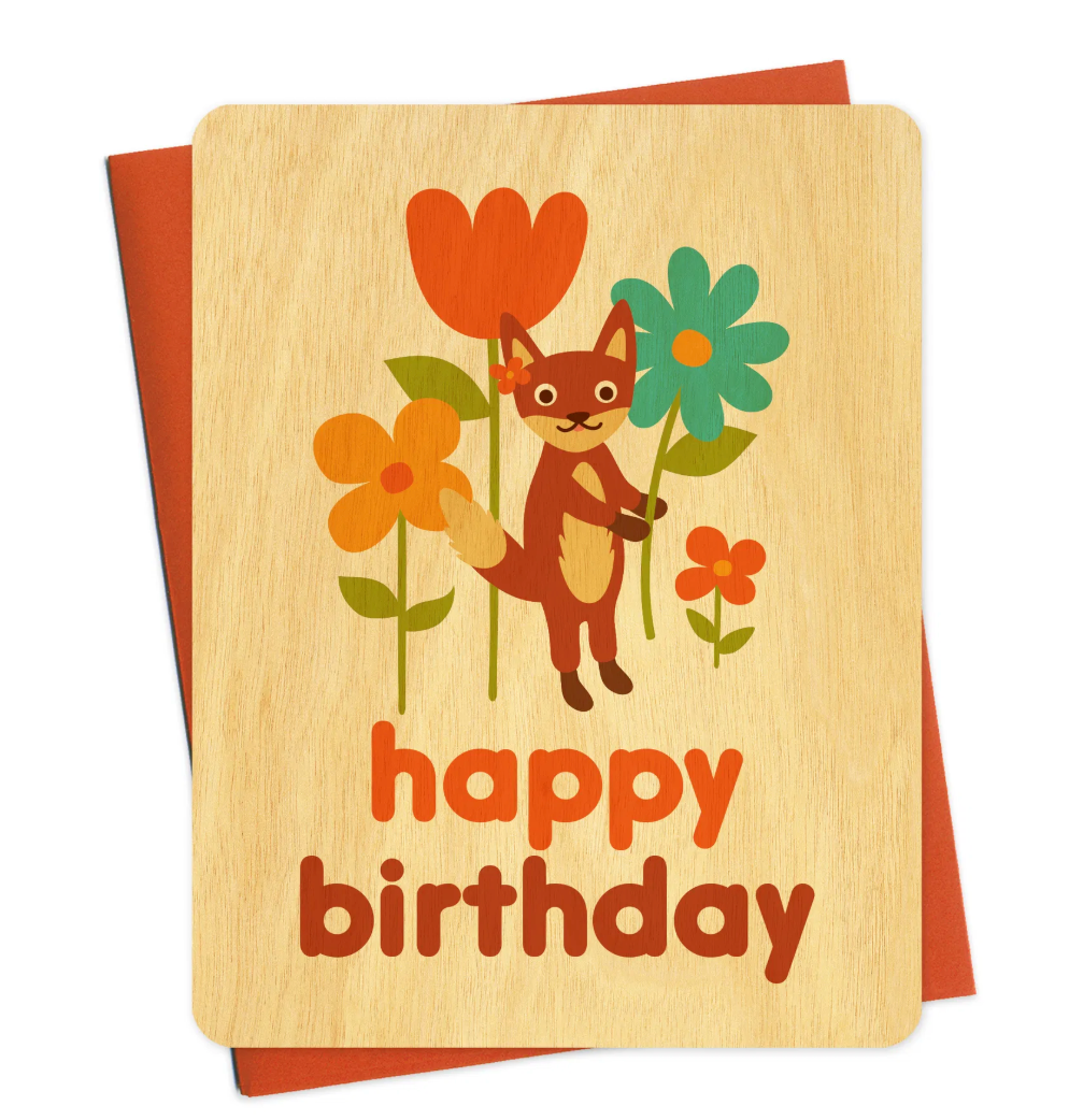 Fox Flowers Wood Birthday Card
