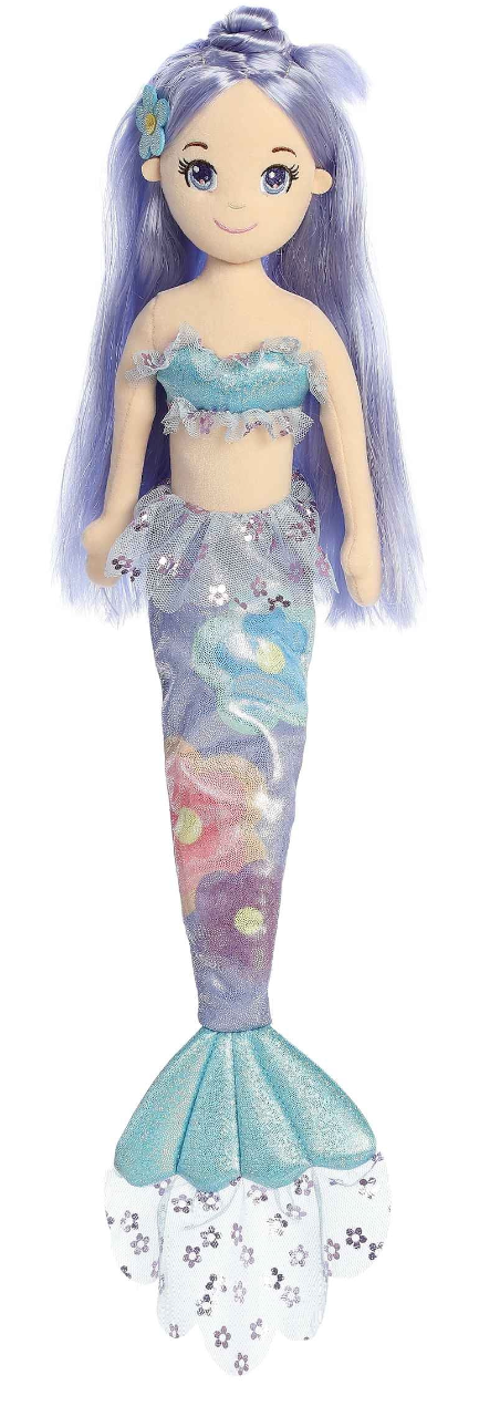 Mermaid Floral Sparkles Ivy with lavender hair, sparkling floral tail, and shimmering blue top plush doll.