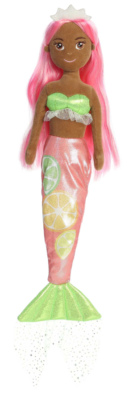 Mermaid Citrus Sparkles Olivia Orange plush doll with pink hair, citrus tail, and sparkling crown for playful fun.