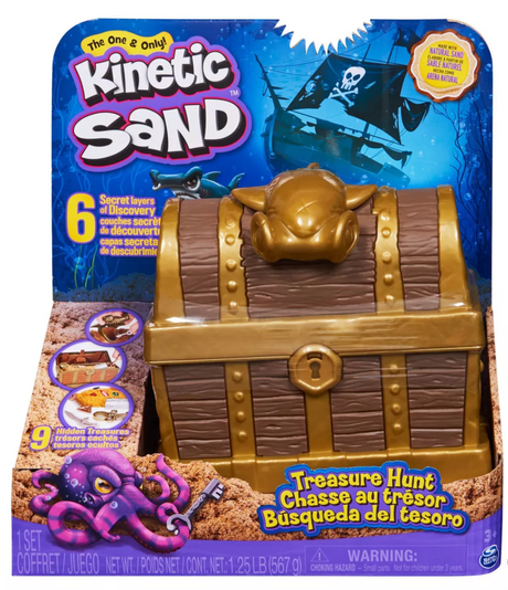 Kinetic Sand Treasure Hunt set featuring a treasure chest with kinetic sand, tools, and hidden pirate treasures.