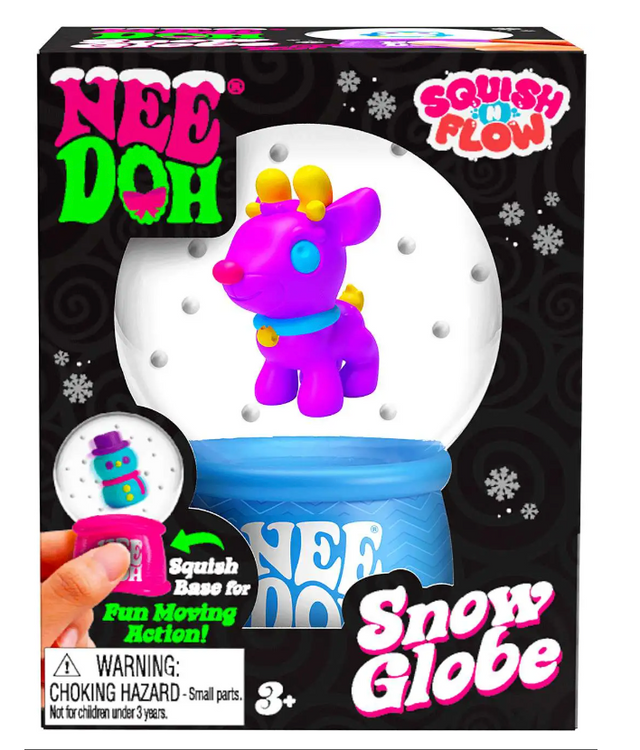 NeeDoh Squish n Flow Snow Globe with purple reindeer figure and blue base for ages 3 and up packaging view