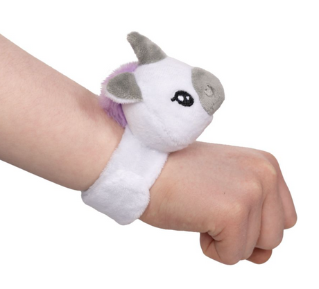 Little Band | Unicorn Face plush slap bracelet wrapped around a wrist, soft and nostalgic 90's style accessory.