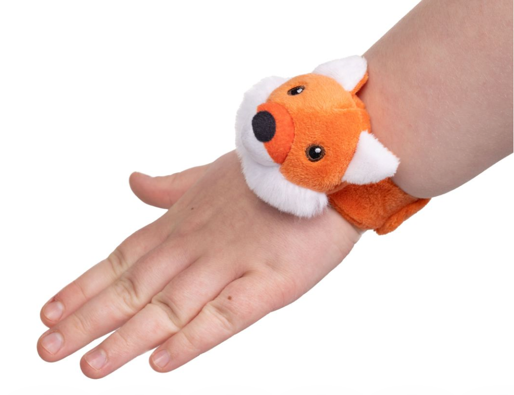 Little Band | Woodland Face plush fox slap bracelet worn on child's wrist, soft and playful accessory.
