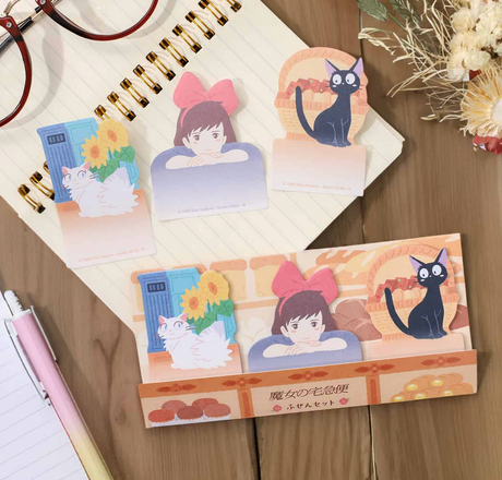 Kiki's Delivery Service Sticky Note Set featuring characters Kiki, Jiji, and whimsical illustrations from the Studio Ghibli film.