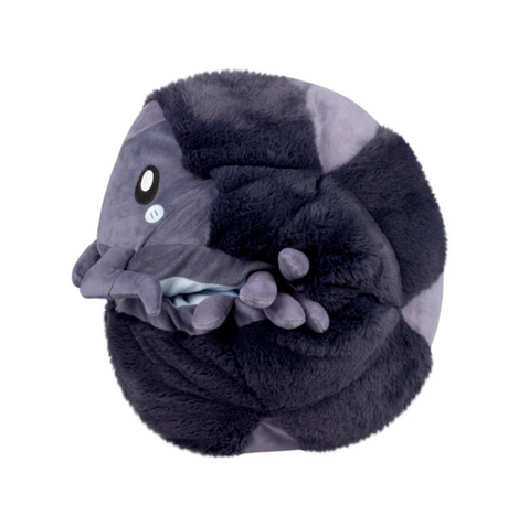 Pillbug Roly Poly plush toy rolled into a ball with soft dark and light purple fabric and magnetic folding design.