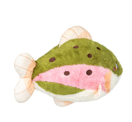 Soft and colorful green and pink plush fish toy shaped like a Rainbow Trout, perfect for fun and cuddling.