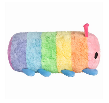 Rainbow Caterpillar plush toy with soft rainbow stripes and blue feet, perfect for all ages and cozy playtime.