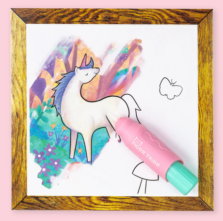 Magic Painting World | Unicorns & Friends shows a unicorn revealed using the refillable magic water-brush on framed card.