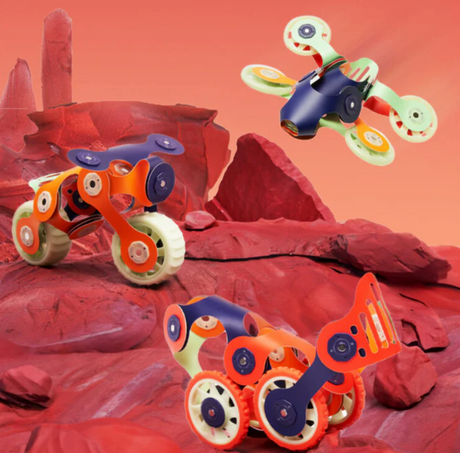 Clixo | Mars Rover Pack showing glow-in-the-dark magnetic rover, motorcycle, and space drone on Martian terrain.