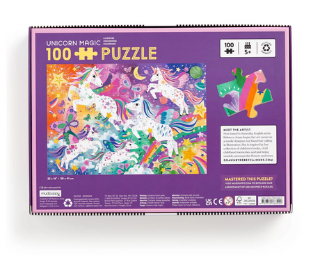 100pc Unicorn Magic Puzzle box featuring colorful unicorns and celestial imagery for kids ages 5 and up.