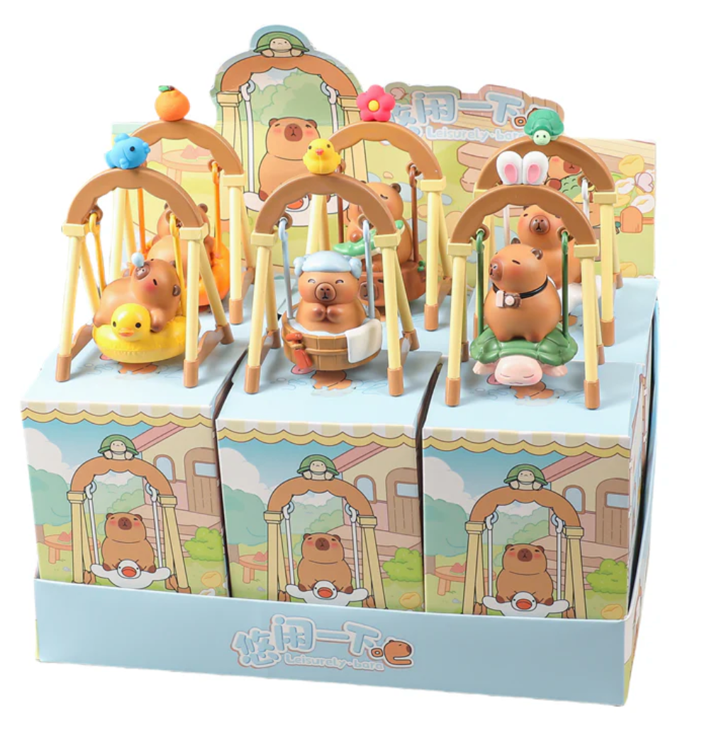 Capybara Swing Blind Box with cute capybara figures on swings, each featuring different playful accessories and animals.