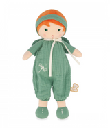 Tendresse | Olivia fabric doll in green dungarees with headband and dragonfly embroidery, perfect for babies from birth.