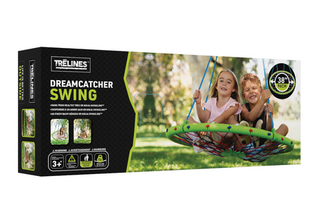 Dreamcatcher Swing by Trelines with kids playing outdoors on a colorful 38-inch woven swing.