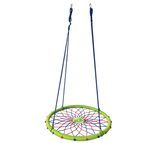 Dreamcatcher Swing with colorful woven design, blue ropes, and metal carabiners for outdoor play and easy hanging.