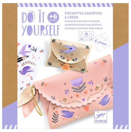 DIY Sweet Fashionista Pouches kit with faux leather purses and decals for kids 6+ to create stylish accessories.