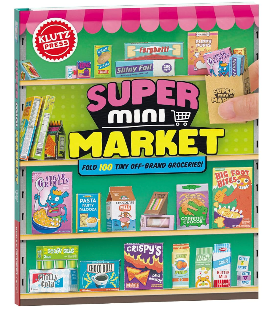 Super Mini Market Event Kit with punch-out mini grocery packages and display shelf for creative play and collection.
