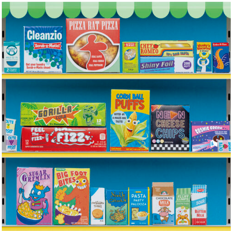 Super Mini Market Event Kit showcasing whimsical miniature grocery packages on colorful store shelves.