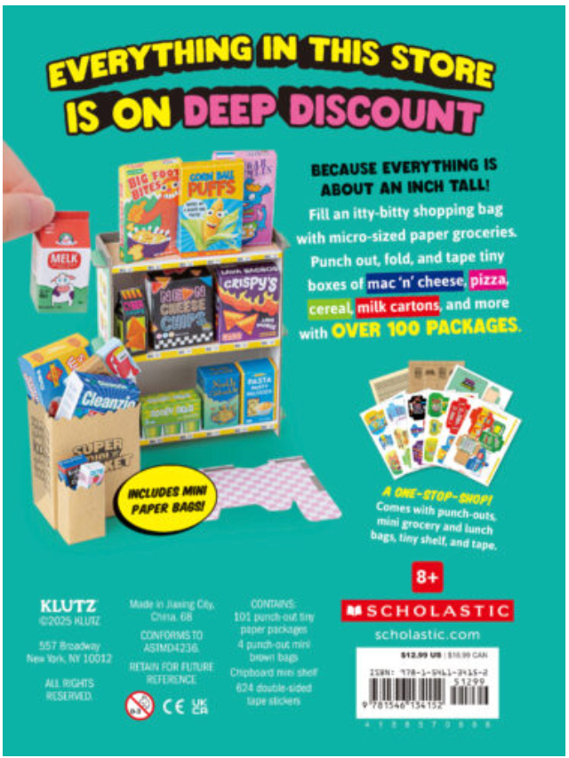 Super Mini Market Event Kit with punch-out miniature grocery packages and display shelf for creative play and fun.