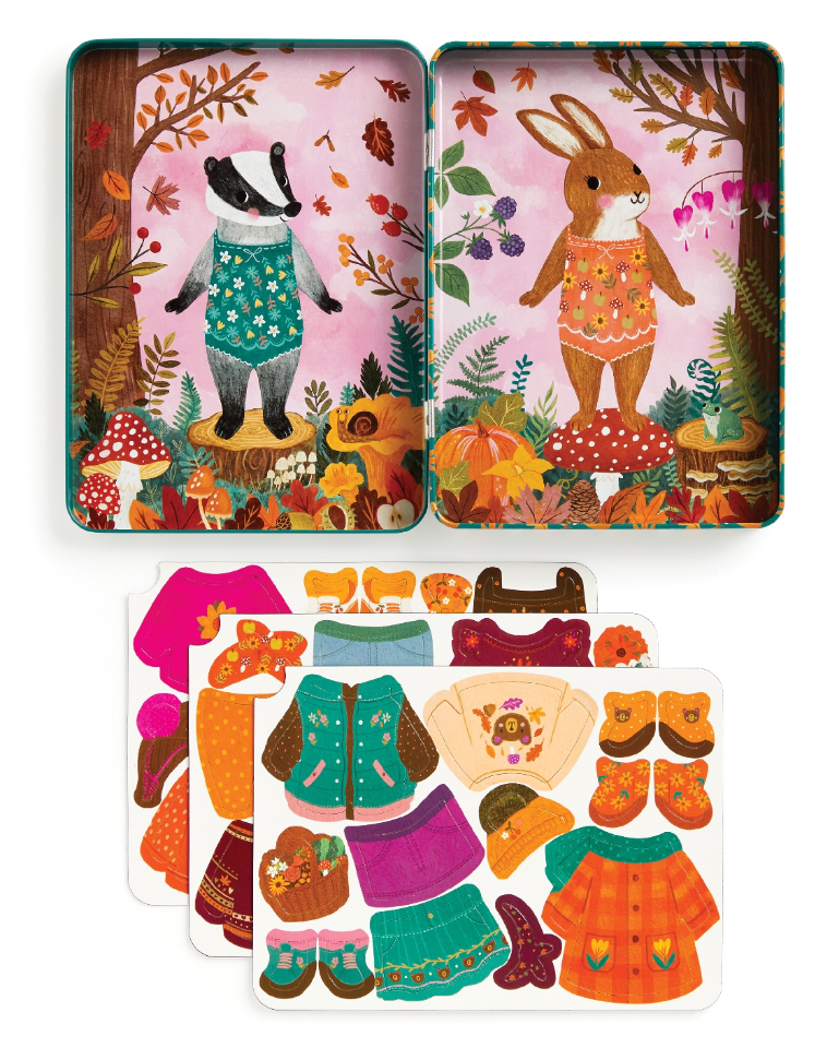 Magnetic Dress Up Folklore Forest with woodland animals and colorful fall-themed magnetic clothing pieces for creative play.