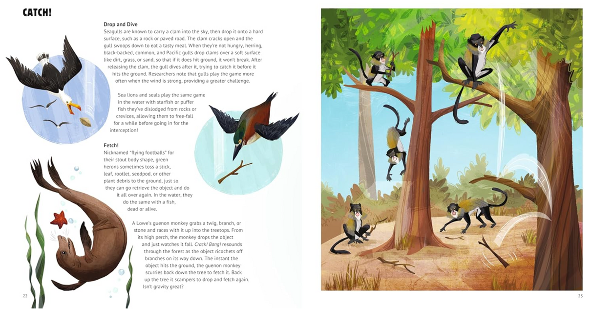 Elephant Bowling and Other Animal Play book page showing playful animals like monkeys, birds, and seagulls in a forest scene.