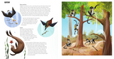 Elephant Bowling and Other Animal Play book page showing playful animals like monkeys, birds, and seagulls in a forest scene.