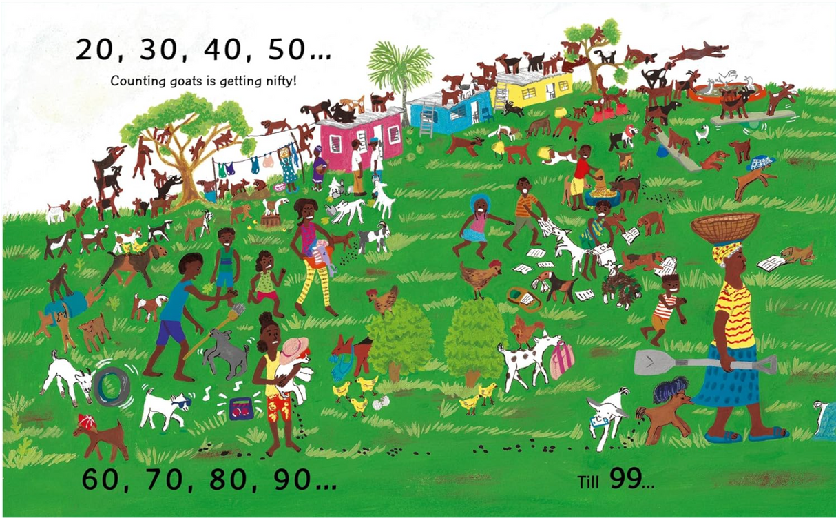 Illustration from 100 Goats and Granny! showing children and many colorful goats playing in a lively green village.