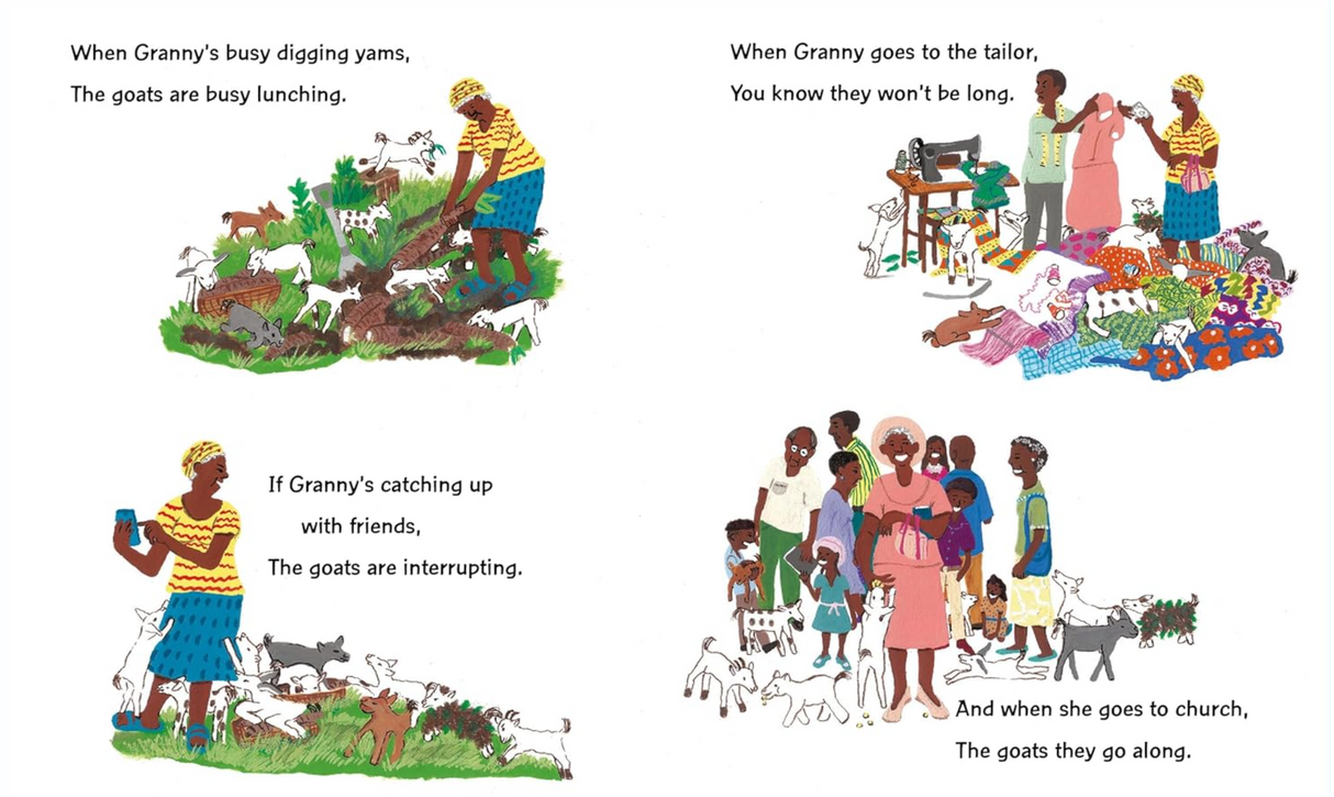 100 Goats and Granny! showing colorful illustrations of Granny with goats digging, at the tailor, with friends, and at church.