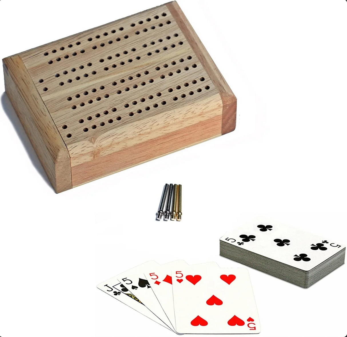 Cribbage | 2-Track Mini Travel Set with wooden board, metal pegs, and playing cards for portable card game fun.