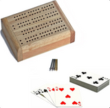 Cribbage | 2-Track Mini Travel Set with wooden board, metal pegs, and playing cards for portable card game fun.