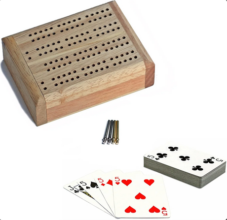 Cribbage | 2-Track Mini Travel Set with wooden board, metal pegs, and playing cards for portable card game fun.