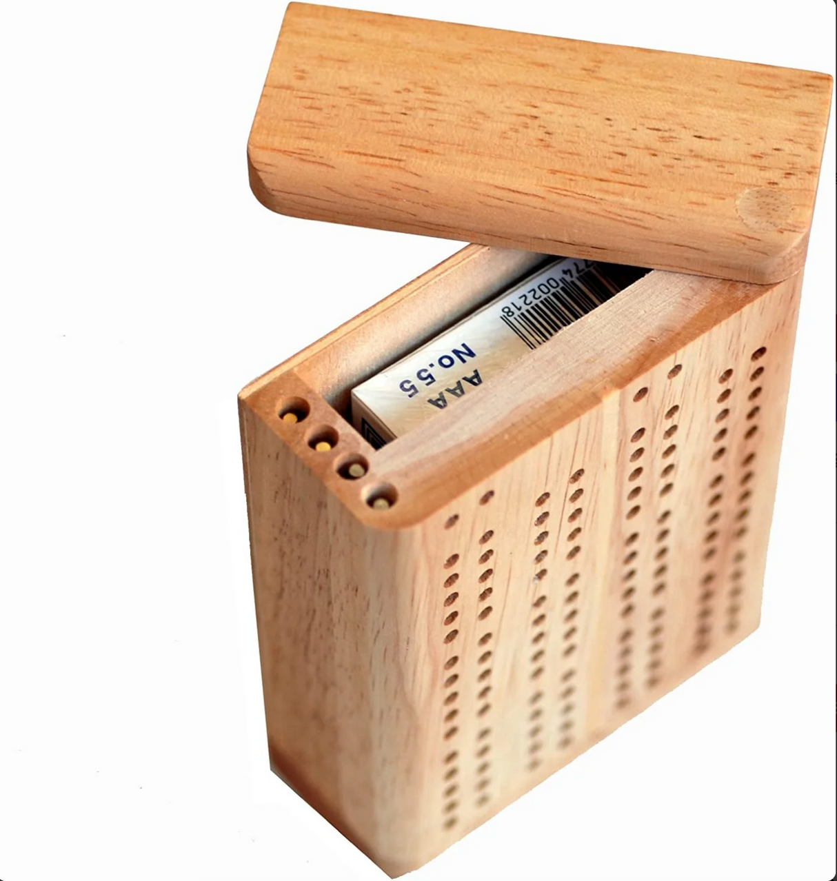 Cribbage | 2-Track Mini Travel Set with wooden case and peg holes, perfect for portable card game fun.