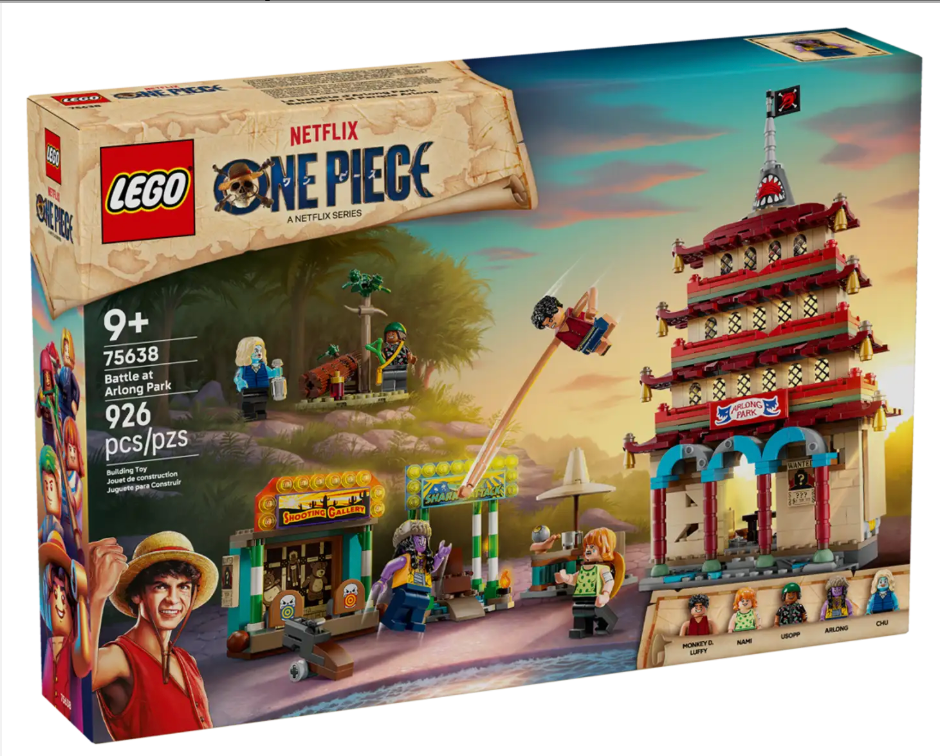 LEGO ONE PIECE Battle at Arlong Park set featuring minifigures, pagoda, shooting gallery, and 926 pieces for ages 9+.
