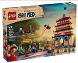 LEGO ONE PIECE Battle at Arlong Park set featuring minifigures, pagoda, shooting gallery, and 926 pieces for ages 9+.