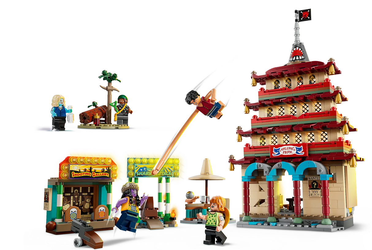 ONE PIECE Battle at Arlong Park LEGO set with minifigures, pagoda, shooting gallery, and interactive battle features.