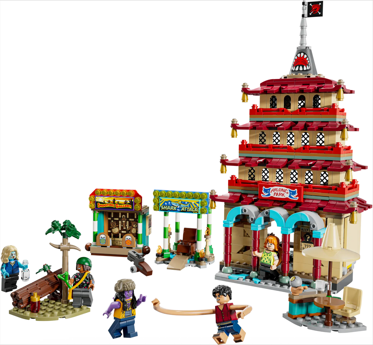 ONE PIECE Battle at Arlong Park LEGO set with minifigures, pagoda, shooting gallery, and playable battle features.