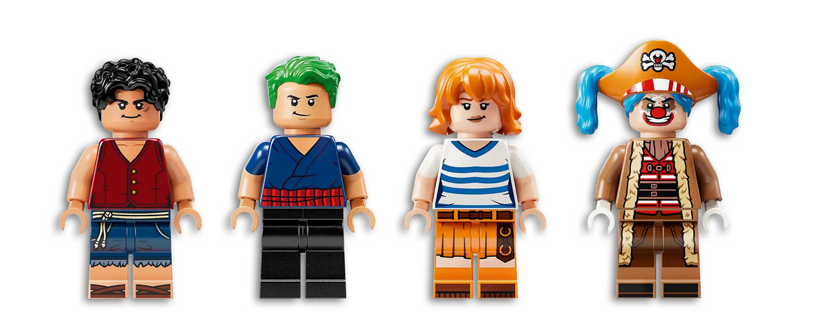ONE PIECE Buggy the Clown's Circus Tent minifigures Luffy, Zoro, Nami, and Buggy the Clown with detailed outfits and accessories.