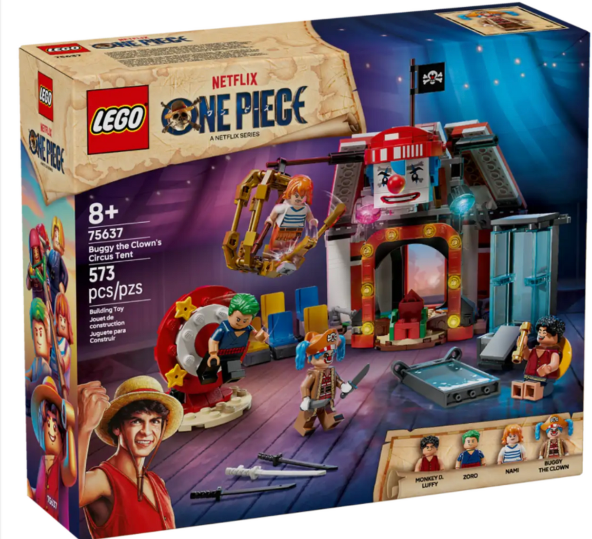 LEGO ONE PIECE Buggy the Clown's Circus Tent set with minifigures, circus contraptions, and buildable play area, 573 pieces.